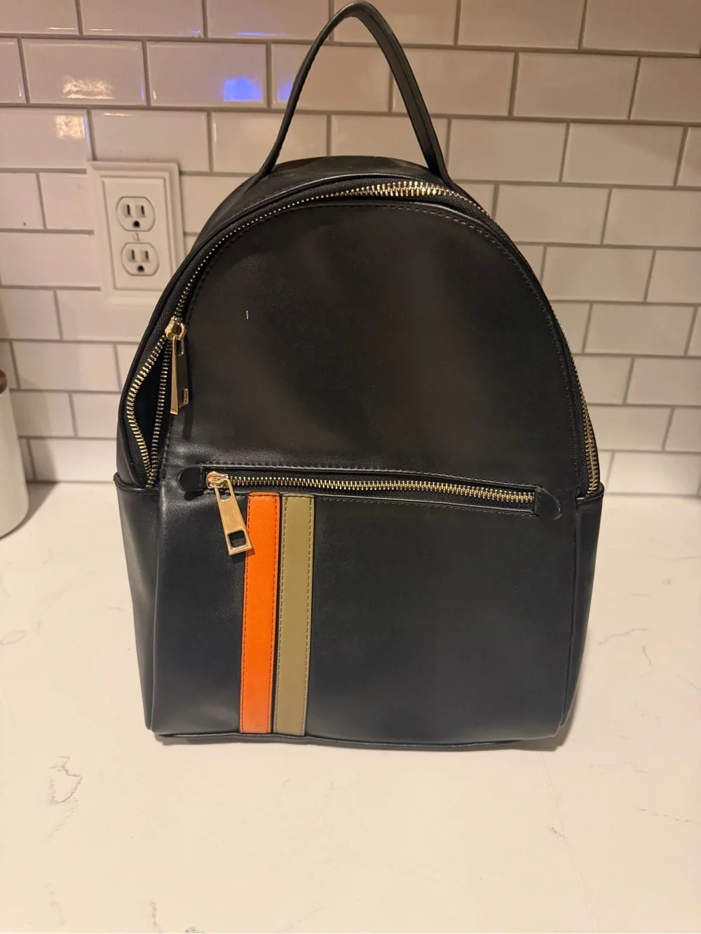 Black Leather Backpack with Orange and Olive Accent